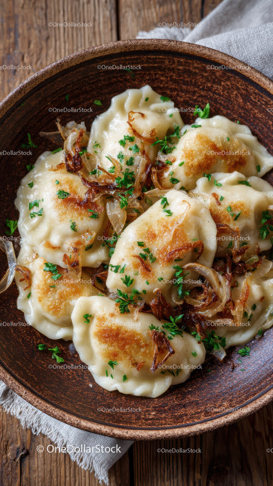 Gnocchi with Fried Onions and Parsley in Rustic Ceramic Bowl