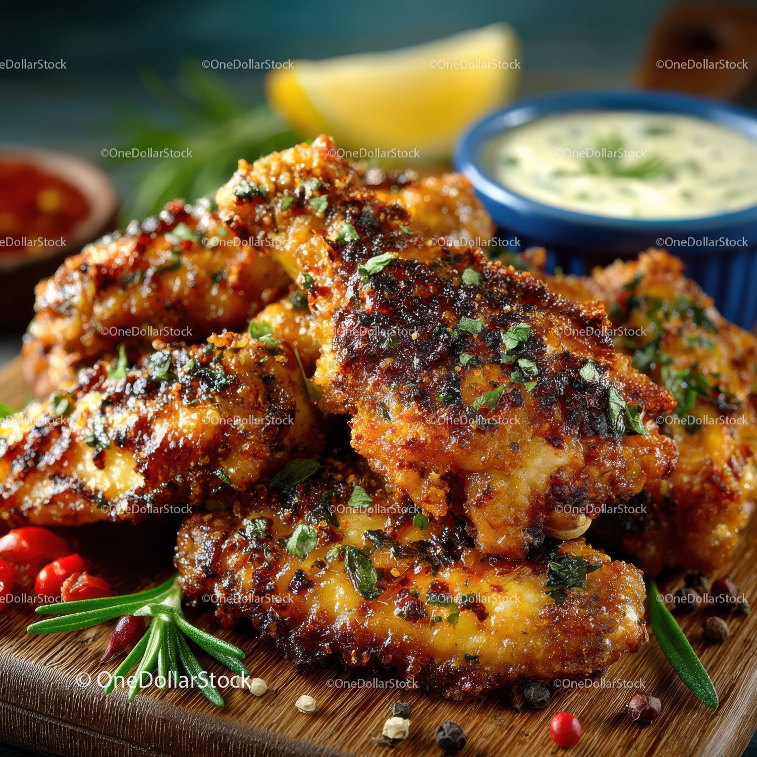 Crispy Fried Chicken Wings with Barbecue Sauce and Lemon Wedge