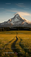 Majestic Snow-Capped Mountain Over Green Meadow and Forest