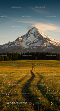 Majestic Snow-Capped Mountain Over Green Meadow and Forest