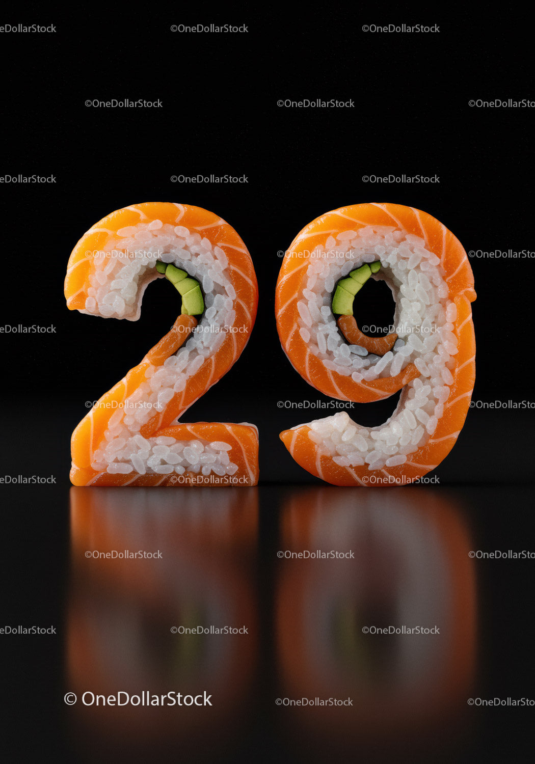 Świeże rolki sushi w kształcie cyfr dwadzieścia dziewięć