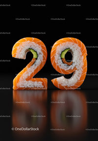 Fresh sushi rolls shaped as numbers twenty nine