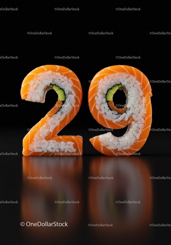 Fresh sushi rolls shaped as numbers twenty nine