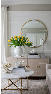 Elegant Modern Living Room with Yellow Tulips and Stylish Decor