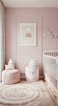 Cute Baby Nursery with Pink Wall Art and Plush Storage Decor