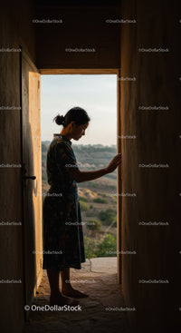 Contemplative woman standing barefoot at doorway at dusk
