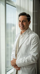 Professional Male Doctor in White Coat Standing Near Window in Hospital