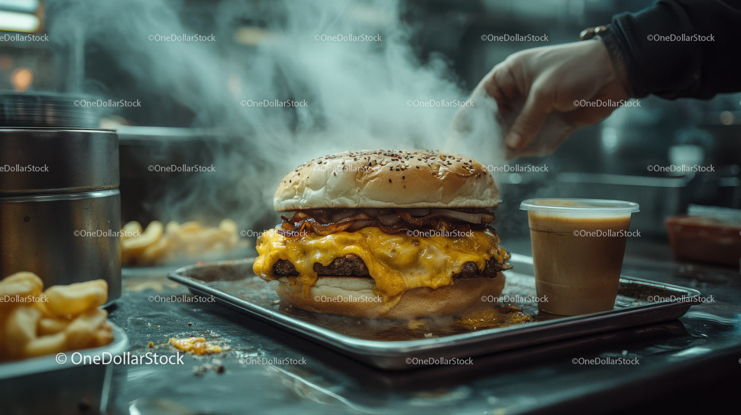 Juicy Cheeseburger with Bacon and Melty Cheddar in Restaurant Kitchen