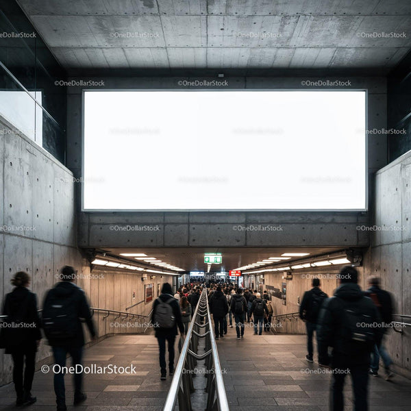 Busy underground passage with commuters and blank billboard JPG Mockup Image