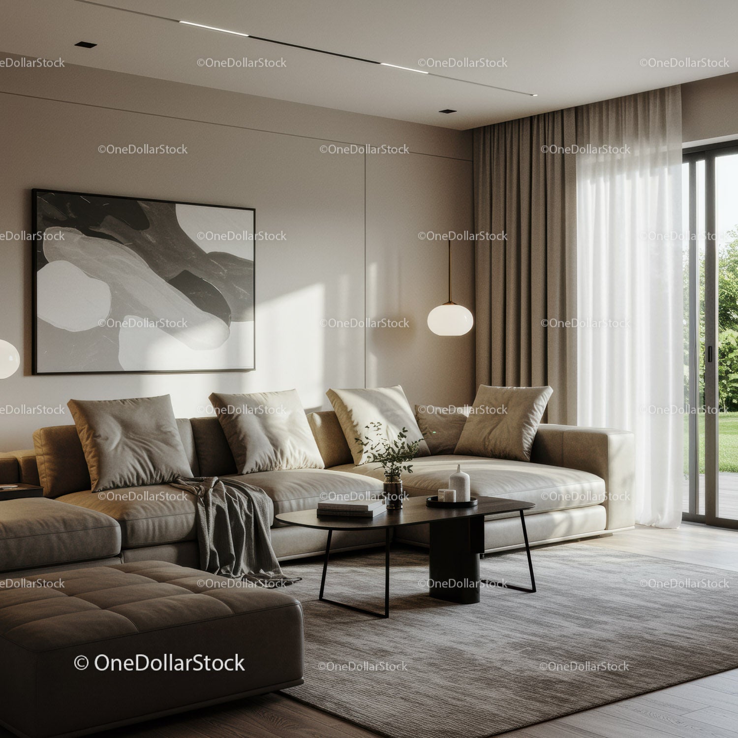 Elegancki, nowoczesny salon z beżową sofą i abstrakcyjną grafiką ścienną