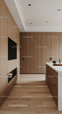 Modern kitchen with minimalistic wooden cabinetry and island