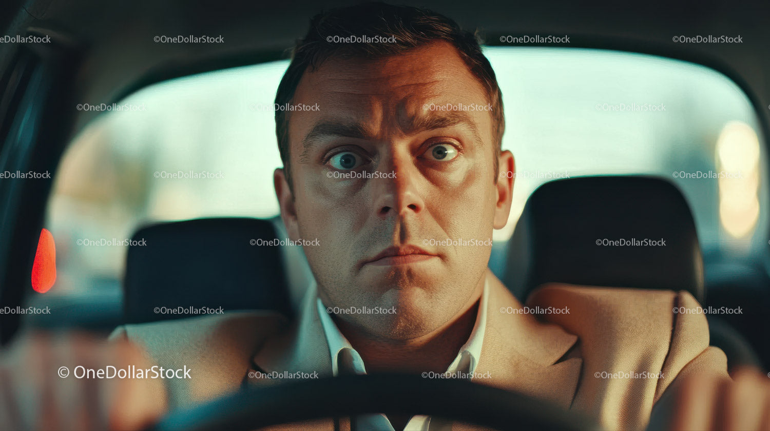 Focused Man with Blue Eyes Driving Car with Serious Expression