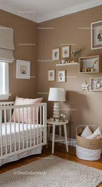 Cozy Modern Nursery with Wall Art and Baby Crib in Warm Tones