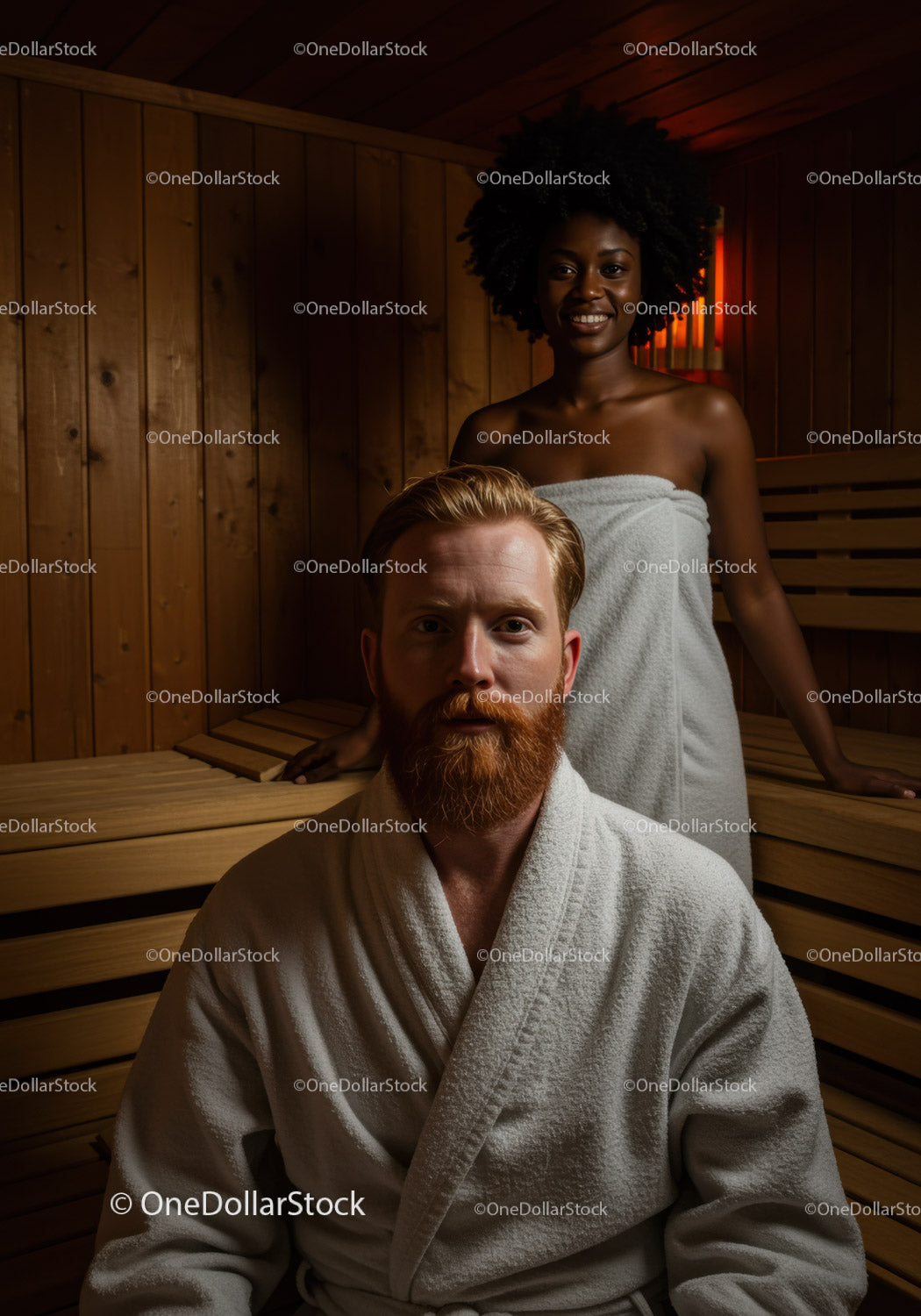Relaksująca scena w saunie z mężczyzną i kobietą w drewnianym otoczeniu spa