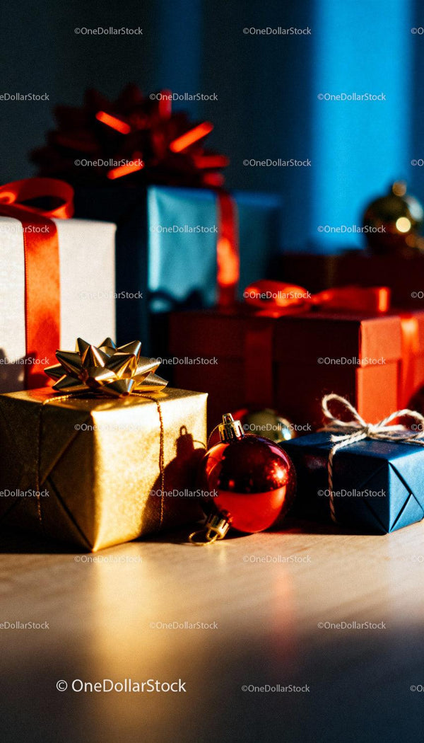 Festive wrapped gifts and red baubles on wooden surface