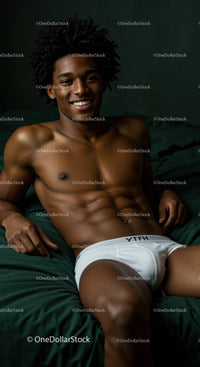 Smiling young man relaxing on dark green bed linen