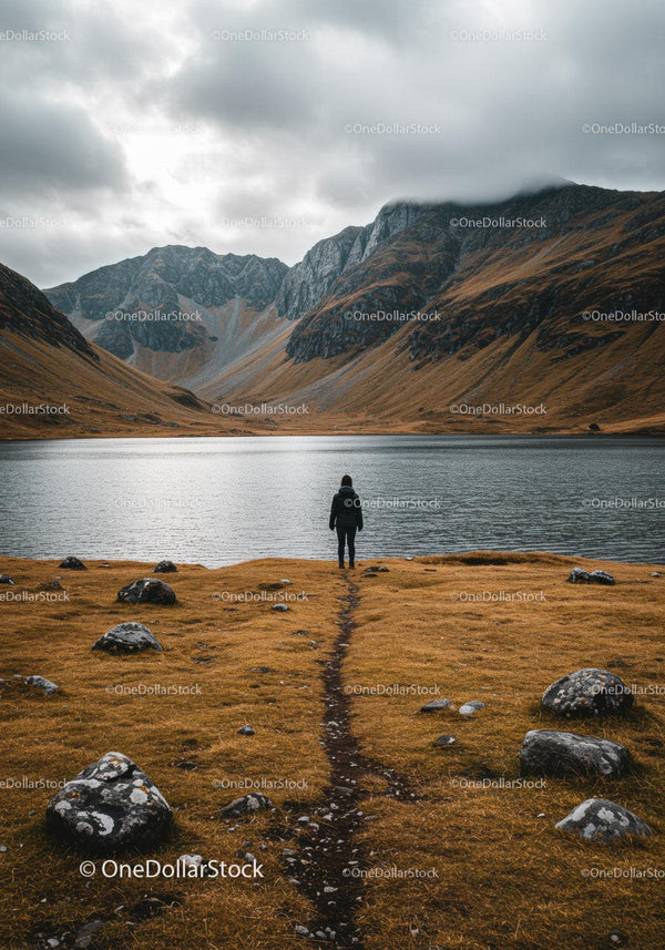 Serene Mountain Lake Scene with Person Exploring Scenic Wilderness