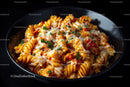 Creamy Fusilli Pasta with Tomato Sauce and Cheese in Black Bowl