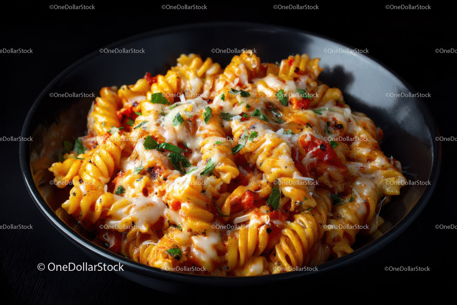 Creamy Fusilli Pasta with Tomato Sauce and Cheese in Black Bowl