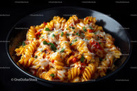 Creamy Fusilli Pasta with Tomato Sauce and Cheese in Black Bowl