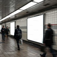 Blurred commuters walking past blank subway billboards