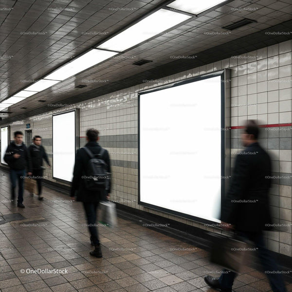 Blurred commuters walking past blank subway billboards JPG Mockup Image