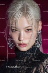 Elegant Blonde Woman in Black Lace Dress with Glamorous Makeup