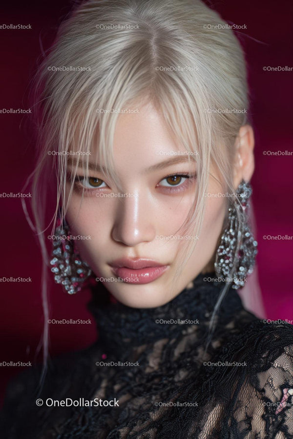 Elegant Blonde Woman in Black Lace Dress with Glamorous Makeup