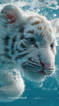 White Tiger Swimming in Water with Blue Eye Contact