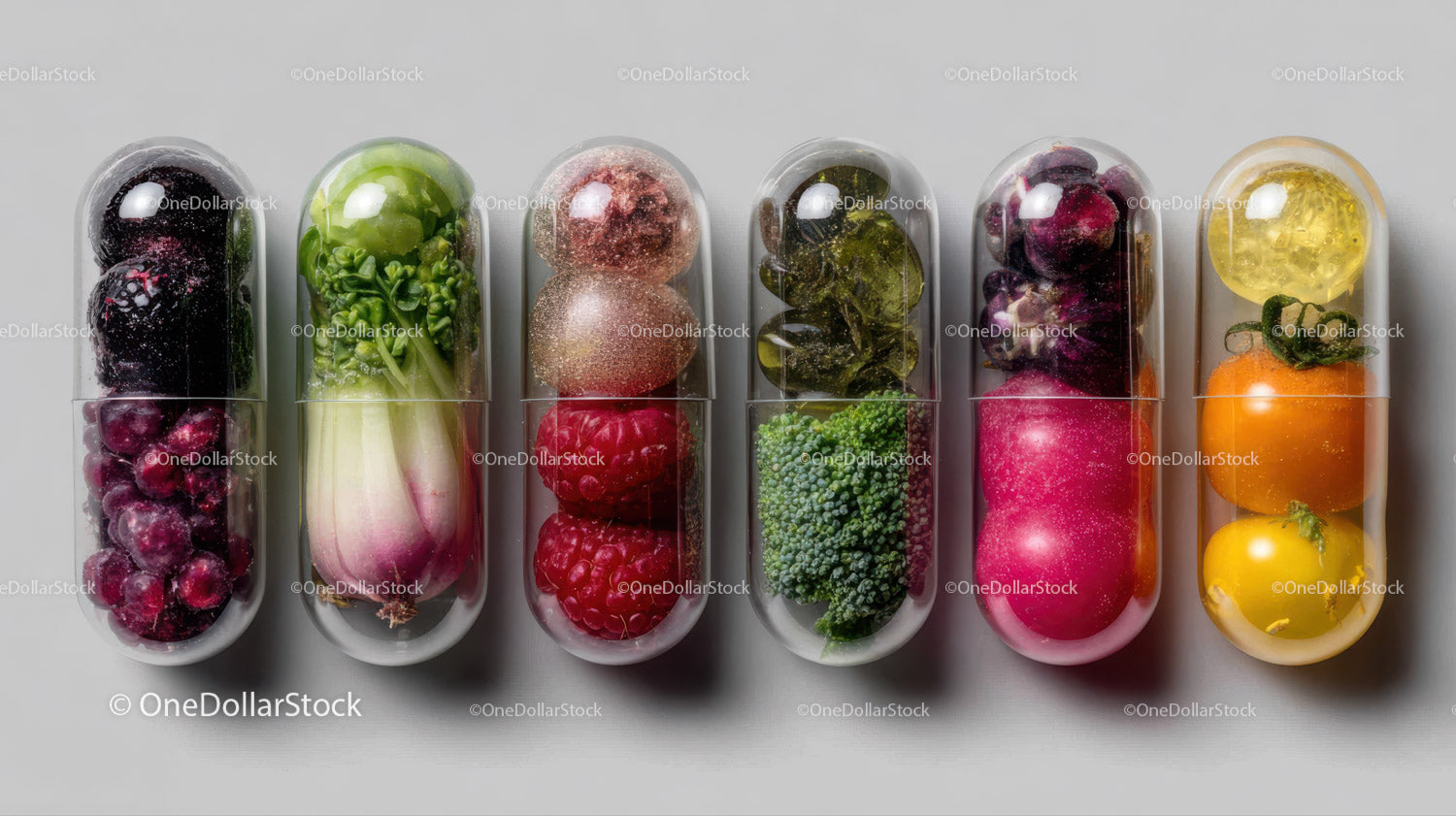 Vibrant Assorted Fresh Berries and Vegetables in Capsules