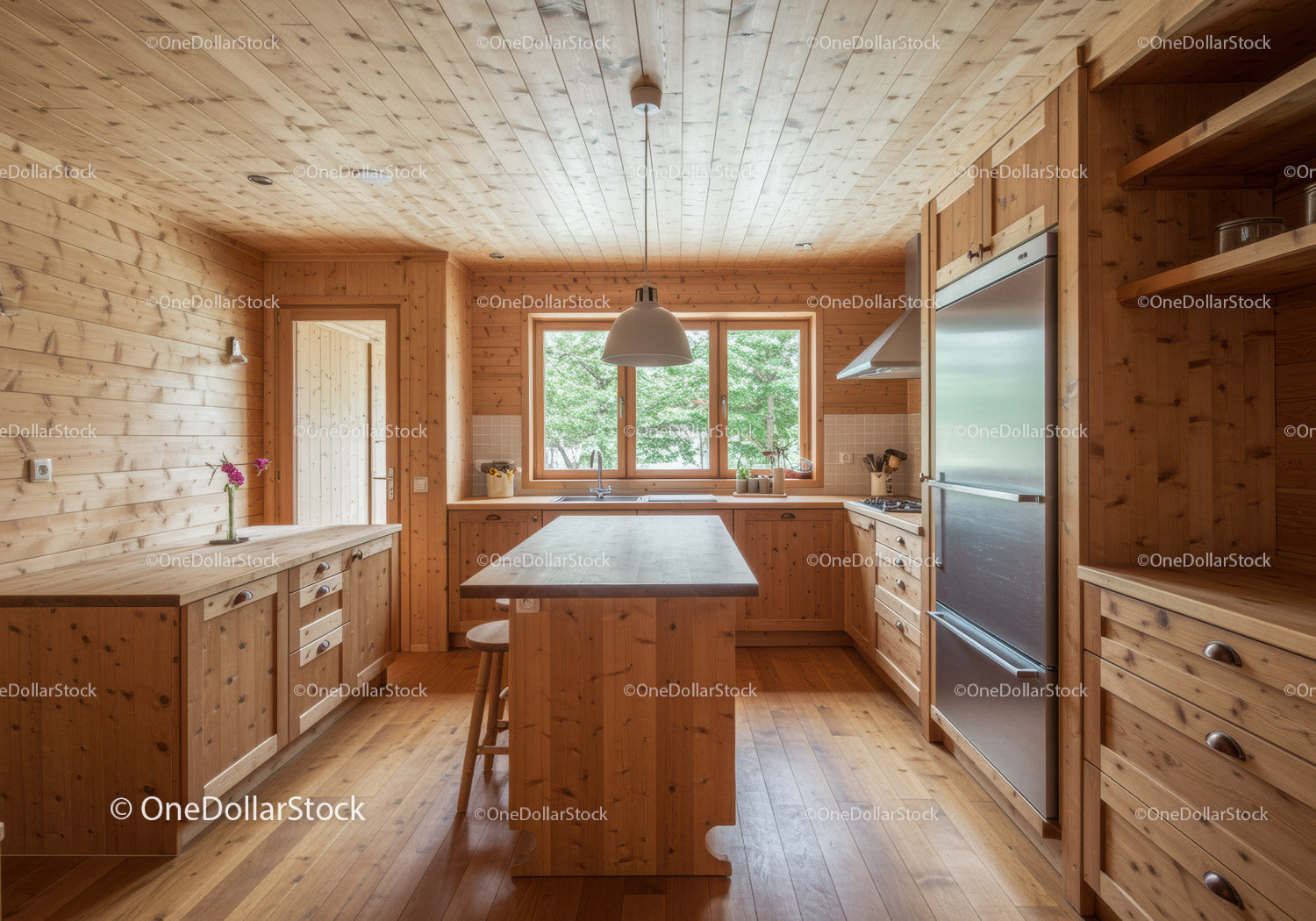 Rustic Wooden Kitchen with Large Window and Modern Appliances
