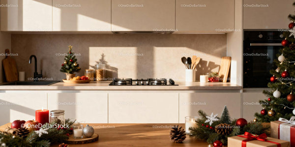 Cozy Kitchen with Festive Christmas Decorations and Warm Light