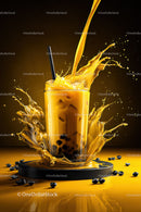 Vibrant Yellow Coffee Splash with Ice Cubes and Coffee Beans