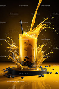 Vibrant Yellow Coffee Splash with Ice Cubes and Coffee Beans