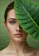 Close-Up of Woman with Flawless Skin and Green Leaf with Water Droplets