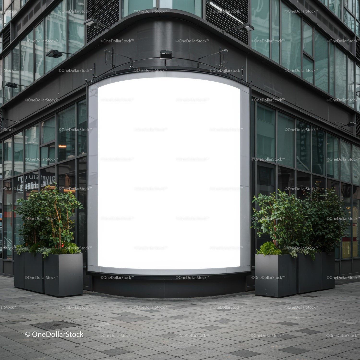 Empty Urban Billboard on Modern Glass Building Corner