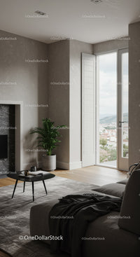 Modern living room with natural light and city view