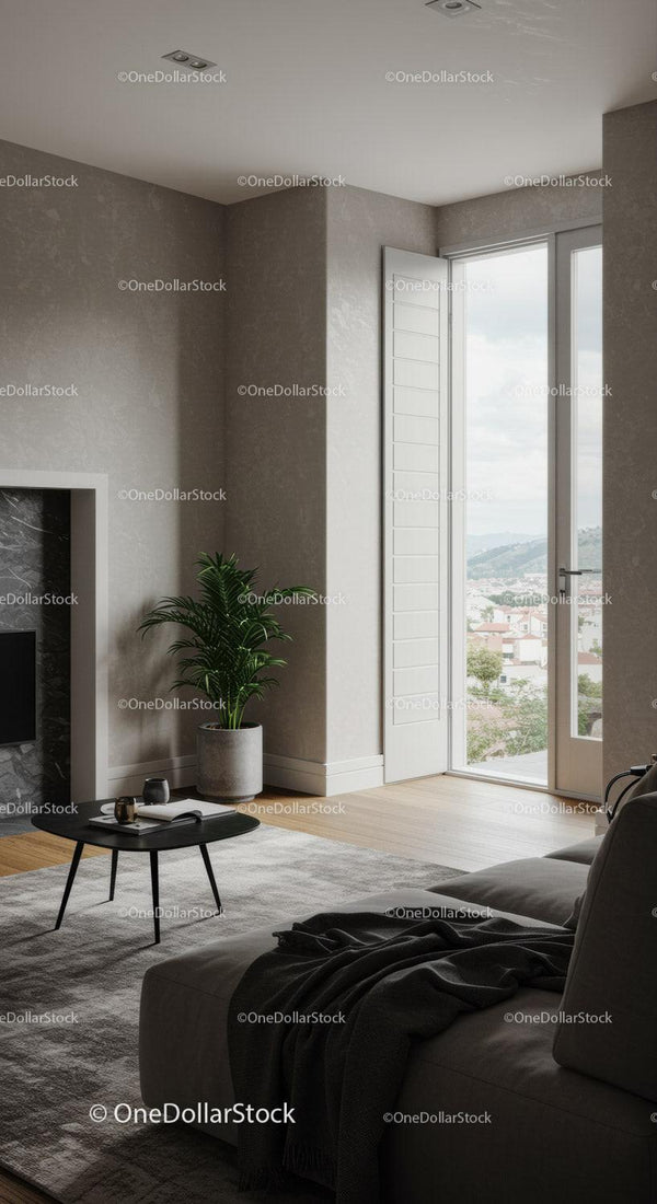 Modern living room with natural light and city view