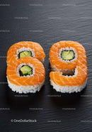 Salmon sushi rolls shaped as number eighty nine
