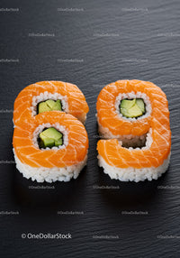 Salmon sushi rolls shaped as number eighty nine