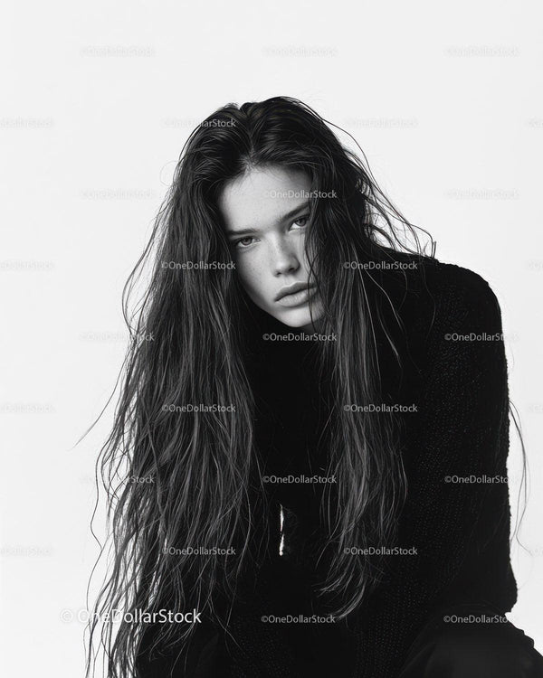 Monochrome Portrait of Woman with Long Wet Hair and Intense Gaze