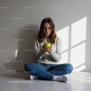 Young woman sitting crosslegged holding green apple