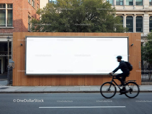 Urban bike rider passing large blank billboard display JPG Mockup Image