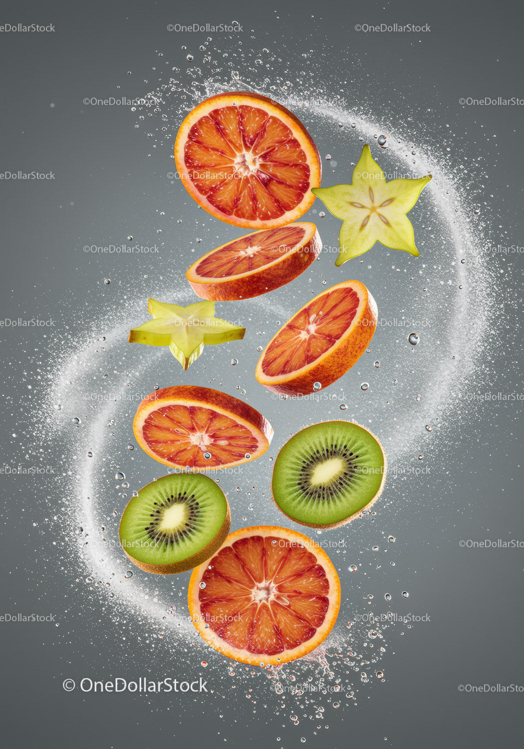 Floating slices of kiwi blood orange and starfruit with water droplets