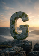 Moss covered stone letter G on rocky mountain peak