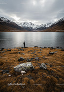 Serene Mountain Lake Landscape with Snow-Capped Peaks and Rocky Shore