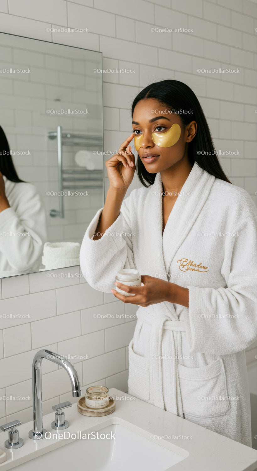 Woman Applying Eye Mask for Skincare Relaxation in Bathroom
