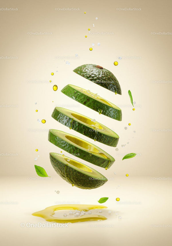 Floating Sliced Avocado with Oil and Sea Salt Drops