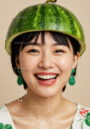Smiling woman wearing a watermelon helmet with water droplets