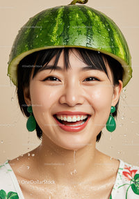 Smiling woman wearing a watermelon helmet with water droplets